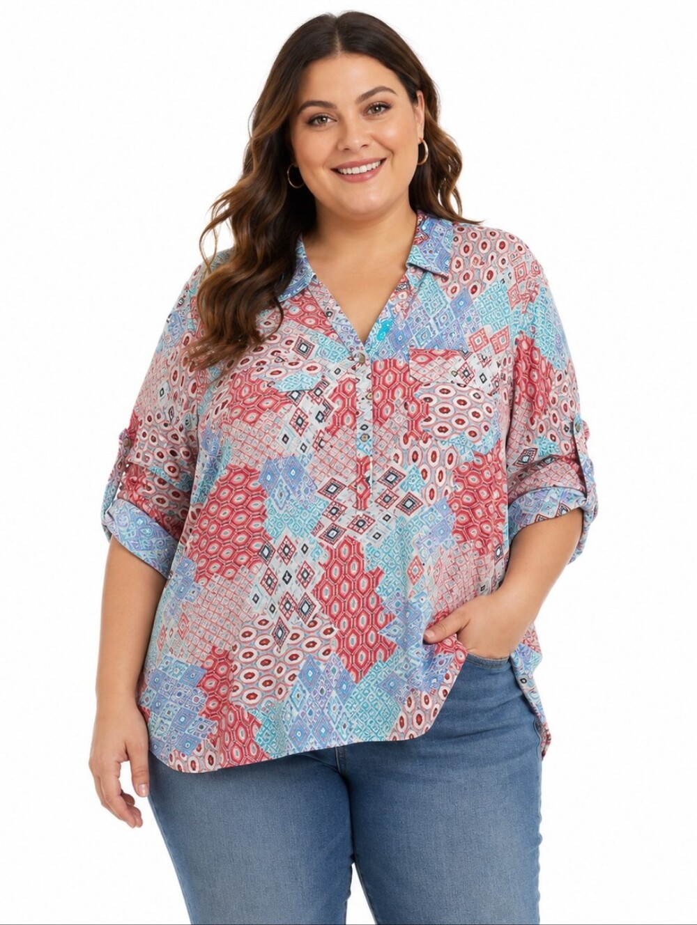 Talbots Patchwork Popover Tunic Top 2XP Multicolor Geometric Roll Tab Sleeves